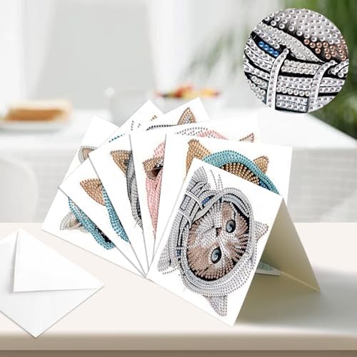 Tontut 6pcs Diamond Painting Kit Greeting Card, Hat Cat 5D DIY Diamond Handmade Holiday Greeting Card with Envelope, Christmas Gift Congratulation - Image 4