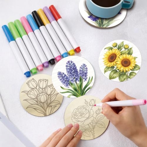 26PCS Wood Coasters Craft Kit 10 Paint You Own Coaster with 16 Pens Wooden Coaster Painting Set for Adults and Beginners Coasters for Drinks Bouquet Painting Crafts Art Supplies (Bouquet) - Image 4