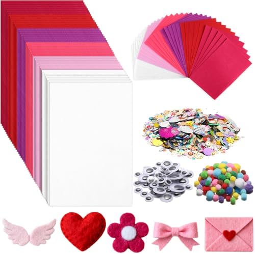 gisgfim 42Pcs Valentine's Day Pink-Purple Felt Fabric Sheet Craft Kit 8 x 12 Inch Assorted Soft Pink Felt Pack with Wiggle Eye Stickers Pom Poms Glitter Craft Supply for DIY Sewing Creative Art Deco by gisgfim