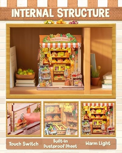 CUTEBEE Book Nook Kit for Adult, DIY Miniature House Kits, LED Booknook Tiny House, Decorative Bookends Bookshelf Home Décor, 3D Wooden Puzzle, Craft Gifts for Booklovers (The Greens’ Grocery) - Image 4