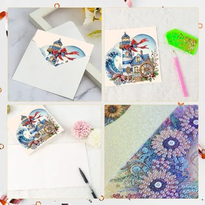 6PCS DIY Diamond Art Painting Greeting Card Set Xmas Lighthouse Rhinestone Diamond Art Mosaic Postcards for Xmas Birthdays Thanksgiving & Special Occasion - Image 6