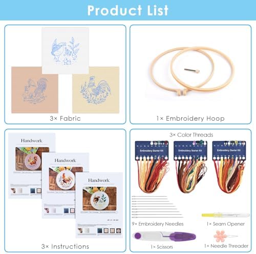 ERKOON 3 Sets Embroidery Kit, Floral Cross Stitch Set for Include Embroidery Cloth Hoops Threads for Craft Lover Hand Stitch (Rooster) - Image 4