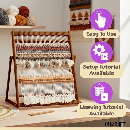 Olikraft Wooden Weaving Loom, Adjustable Stand (Large, Brown Beech) - Image 4