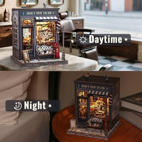 CUTEBEE Book Nook Kit - DIY Miniature House Dollhouse Kit for Adults, Booknook Hair Salon Barbershop Tiny House Bookshelf Decor 3D Wooden Puzzle, Gifts for Family and Friends (John's Hair Salon) - Image 3