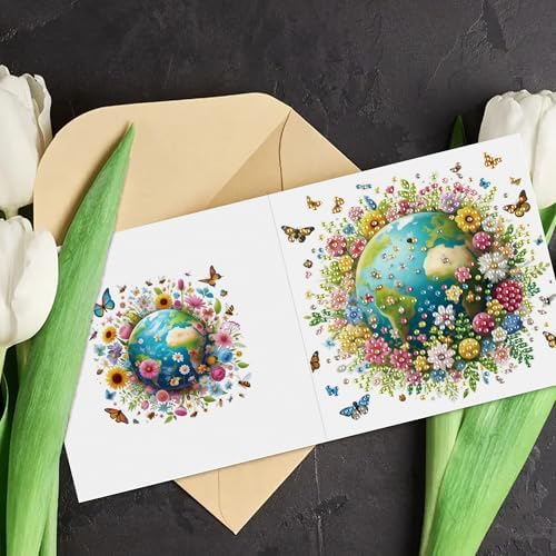 DIZAKIM 6-Piece Christmas-Themed Diamond Painting Greeting Cards Christmas Eve DIY Craft Kit Birthday Gift (Earth) - Image 4