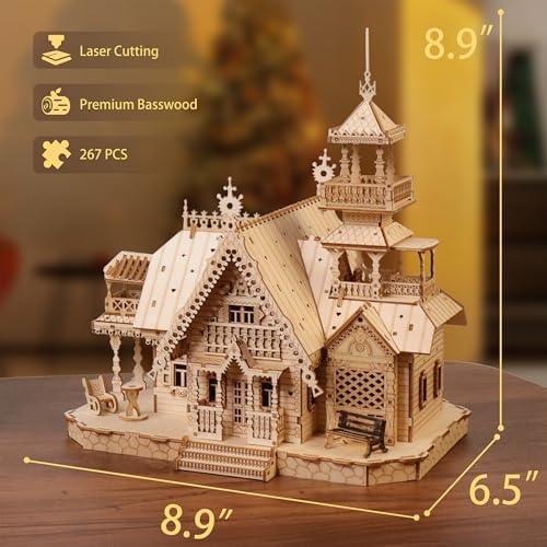 3D Puzzle for Adults, LED Vintage Wooden Villa with USB Lights - Image 2
