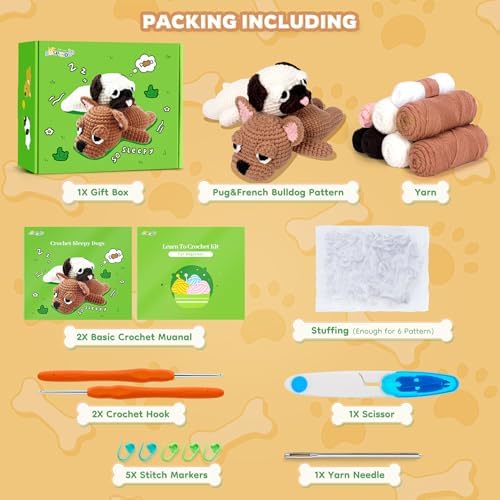 Crochet Kit for Beginners- Teacher Appreciation Gifts, 2 PCS Pug and French Bulldog Crochet Kits for Adults, Sleeping Dog Crochet Kit with Step-by-Step Video Tutorials Instructions DIY Knitting Kit - Image 3