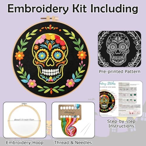 Nuberlic Sugar Skull Embroidery Kit for Beginners Adults Stamped Needlework - Image 2