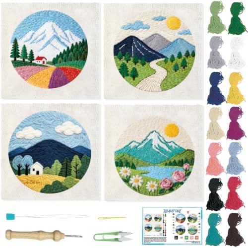 BEUNITONE 4PCS Punch Needle Kit for Adults Beginners, Beautiful Shangri-La Needlepoint Crafts Kit for Adults, Complete Embroidery Starter Kit with Pre-Print Pattern and Hoop for Home Decor 7.9"x7.9" by BEUNITONE