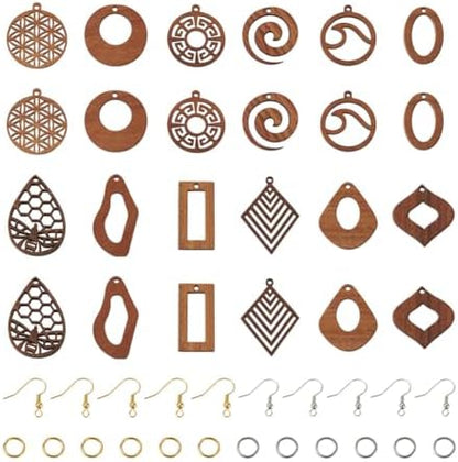 EEE ELECRELIVE 24Pcs Wooden Earrings Blanks Kit Wood Earring Charms Teardrop Rhombus Oval Pendants with Jump Rings for Boho Earring DIY Jewelry Making by EEEELECRELIVE