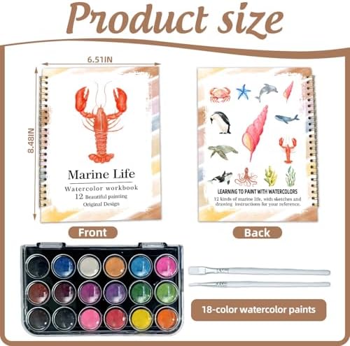 Watercolor Workbook, Water Coloring Book, 12 Different Patterns of Original DIY Designs, 18 Colors Watercolor Paint Set, Beginner-Friendly Watercolor Workbooks(Marine organisms) - Image 2