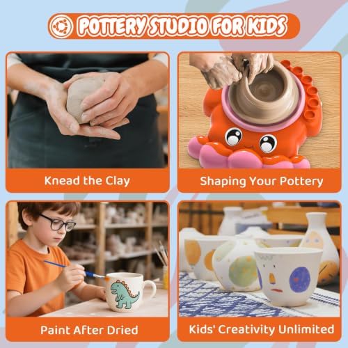 Innofans Pottery Wheel for Kids - Complete Pottery Tools Kit for Beginners, Arts and Crafts for Kids Ages 8-12 with 3 Pack Air Dry Clay, Mini Clay Making Pottery Wheel with Foot Pedal (Octopus) - Image 5