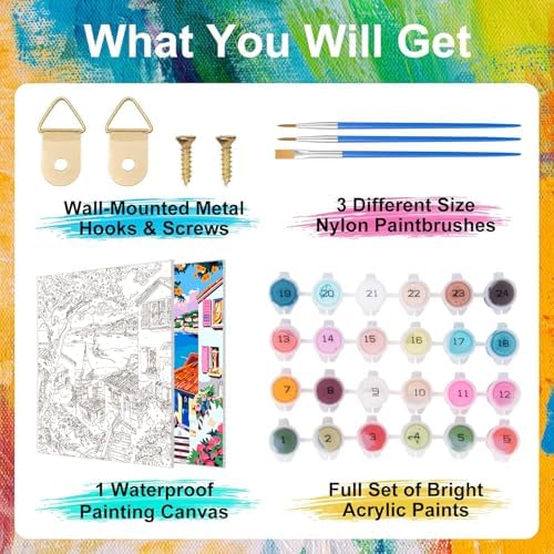 ZTOTZ Paint by Numbers kit for Adults Village, Paint by Number Canvas with Pink Flower, Italy Paint by Color for Adults for Christams Home Decor (16x20inch) - Image 5