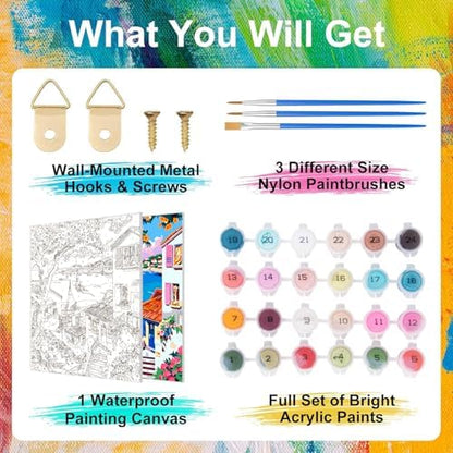 ZTOTZ Paint by Numbers kit for Adults Village, Paint by Number Canvas with Pink Flower, Italy Paint by Color for Adults for Christams Home Decor (16x20inch) - Image 5