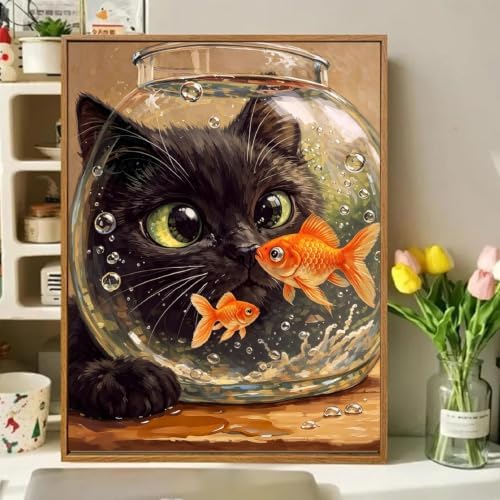 Cat Goldfish Paint by Numbers Kit for Adults Framed Canvas, Frameworkless - Image 2