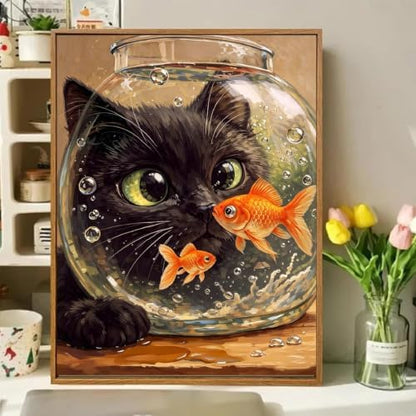 Cat Goldfish Paint by Numbers Kit for Adults Framed Canvas, Frameworkless - Image 2