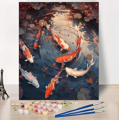 MaiMMaledy Paint by Numbers Kit for Adults Beginners 8Wx12L inch Canvas Pictures with Framed Drawing Painting Works with Wooden Triangle Easel Acrylic Pigment Good Luck Koi - Image 3