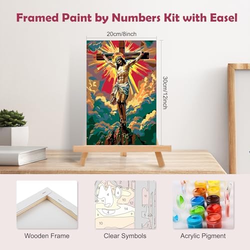 MOGTAA Jesus Paint by Numbers Kit for Adults Beginners with Frame, Religious Cross Adult Paint by Number Kits on Canvas with Easel, Easy DIY Oil Painting Kits for Home Decor, 8x12in - Image 2