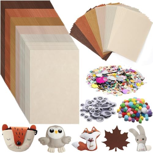 gisgfim 42Pcs Brown Felt Fabric Sheets Craft Kit 8 x 12 Inch Assorted Soft Thick Tan Felt Pack with Wiggle Google Eyes Pom Poms Glitter Patchwork Craft Supply for DlY Sewing Creative Art Project Decor by gisgfim
