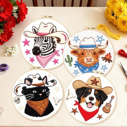 BEUNITONE 4 Set Embroidery Kit for Beginners, Animal Cowboy Patterns Cross Stitch Kits, Needlepoint Kits for Adults with Hoop, Cute Hand Embroidery Patterns for Cloth and Home Decor - Image 6
