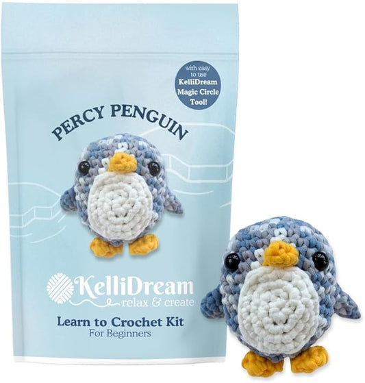 KelliDream Magic Circle Tool Inclusive Learn to Crochet Kit for Beginners; Step-by-Step Video Tutorials; All Supplies to Make Cute Amigurumi (Penguin)