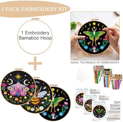 Nuberlic 3 Pack Embroidery Kit for Beginners, Moth and Bee Patterns - Image 3