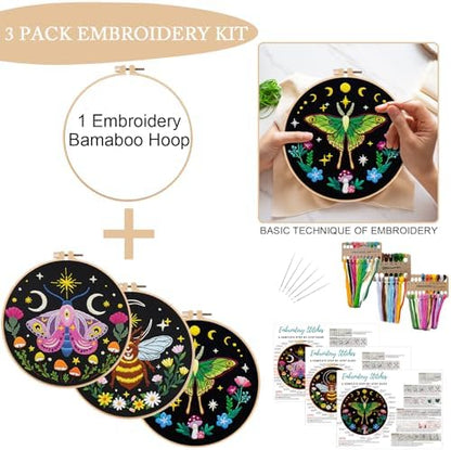 Nuberlic 3 Pack Embroidery Kit for Beginners, Moth and Bee Patterns - Image 3