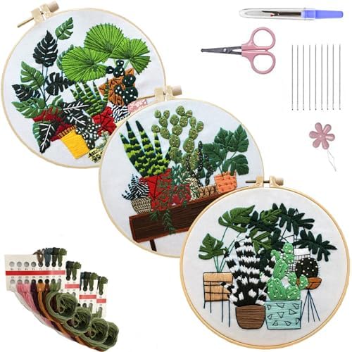 SCECALA 3 Pack Plant Embroidery Kit for Beginners - Green Plant Potted with Embroidery Pattern, Hoop, Complete Cross Stitch Supplies (Needle/Threads/Scissors) DIY Craft for Adults Sewing Hobby by SCECALA