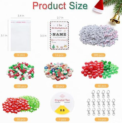 Tuhangcc 823 Pcs DIY Keychain Making Kit，Adjustable Letter Alphabet Beads Strings,Keychain Christmas Colors Pony Beads, 16 Charm Cards with Lobster Clasps & Strings for Christmas Favors - Image 3
