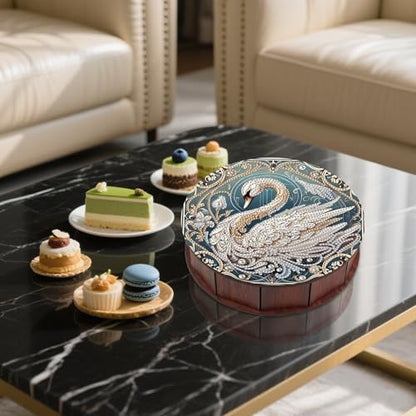 antor Swan Diamond Painting Storage Box, Round Wooden DIY 5D Crystal Diamond Art Painting Tabletop Ornament Organizer, Jewelry or Trinket Storage Gift, Home Office Decor Crafts - Image 4