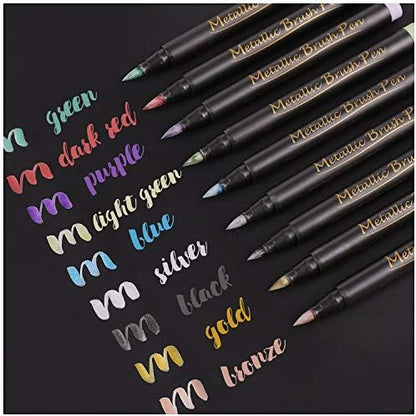 Dyvicl Metallic Brush Marker Pens - Metallic Pens Art Markers for Calligraphy, Brush Lettering, Black Paper, Rock Painting, Card Making, Scrapbooking, Fabric, Metal, Ceramic, Wine Glass, Set of 9 by Dyvicl