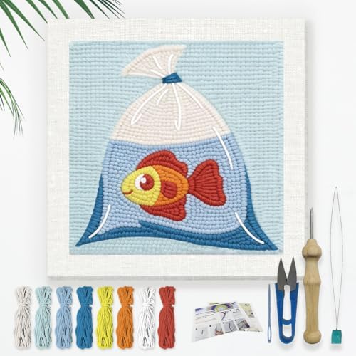 Doodlream Goldfish in Bag Needle Kit for Beginner, 9.4"x 9.4" Cartoon Fish Punch Stitching Craft Set, DIY Embroidery Starter with Printed Frame, Instruction, Threader, Yarn, Pinch Needle by Doodlream