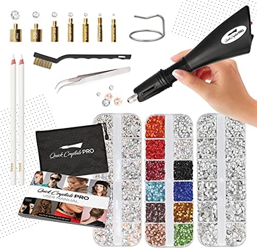 Quick Crystals Pro Hotfix Applicator, Bedazzler Kit with Rhinestones, DIY Wand Setter Tool Kit with 7 Different Tip Sizes, Tweezers, Cleaning Brush, User Manual, and 4400 Rhinestones - Black by QuickCrystalsPro