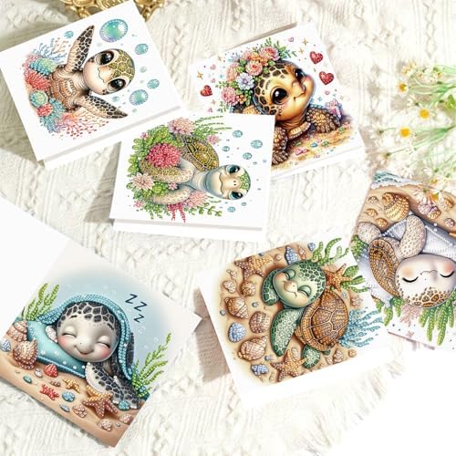 antor 6 pcs Diamond Art Painting Greeting Card Kits, Animal Cute Turtle Design Irregular Shapes Diamond Art Fine Glitter Greeting Cards with Envelopes, Clay Glue, Pen, and Bead Bag for Creative Gifts - Image 5
