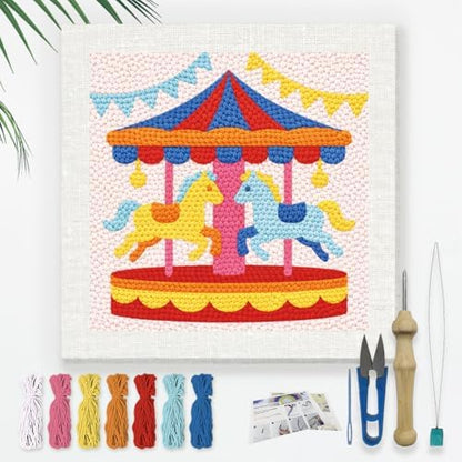 Doodlream Color Carousel Horses Needle Kit for Beginner, 9.4"x 9.4" Amusement Park Punch Stitching Craft Set, DIY Embroidery Starter with Printed Frame, Instruction, Threader, Yarn, Pinch Needle by Doodlream