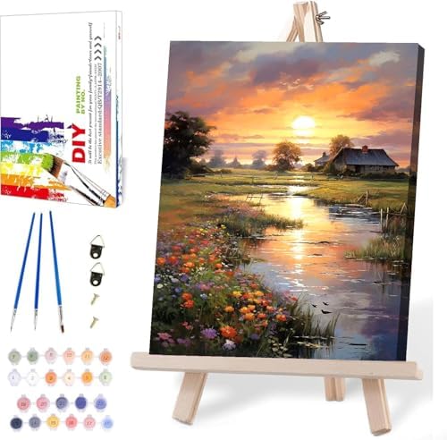 MIRCVSH Sunset Paint by Numbers Kit for Adults Framed,Landscape Paint by Number for Adults Beginner,Adults' Paint-by-Number Kits on Canvas with Wooden Easel for Home Wall Decor 12X16 Inch by MIRCVSH