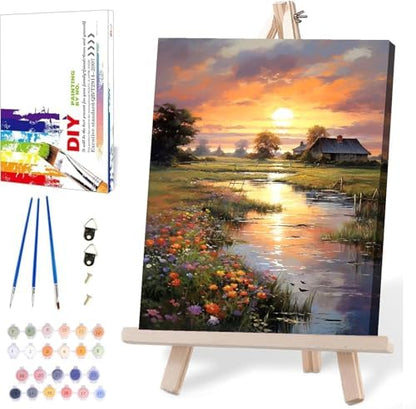 MIRCVSH Sunset Paint by Numbers Kit for Adults Framed,Landscape Paint by Number for Adults Beginner,Adults' Paint-by-Number Kits on Canvas with Wooden Easel for Home Wall Decor 12X16 Inch by MIRCVSH