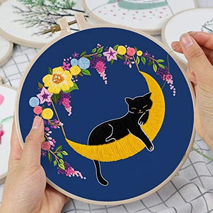 Louise Maelys Cat Moon Embroidery Kit for Beginners Floral Design - Image 3