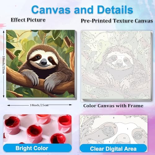 Artunion Framed Paint by Numbers Kit for Adults Beginners & Kids Ages 8-12,Cute Sloth Paint by Number with Frame,Animal Paint by Numbers Kit on Canvas 10 * 10 Inch Without Easel - Image 3
