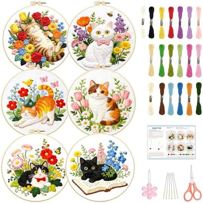 BEUNITONE 6 Set Cat and Flowers Embroidery Kit for Adults Beginners, Pre-Stamped Pattern Needlepoint Kits with Hoop, Tools, Instruction, Hand Embroidery Kits for Gifts, Fabric and Home Decor 7.9x7.9 by BEUNITONE