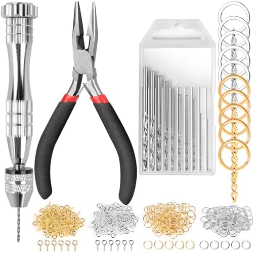 LEOBRO Hand Drill, 222 PCS Pin Vise Hand Drill with Drill Bits(0.8 mm-3 mm), Needle Nose Pliers, Keychain Making Kit, Jewelry Making Supplies, Hand Drill Tools for Jewelry Keychains Making by LEOBRO