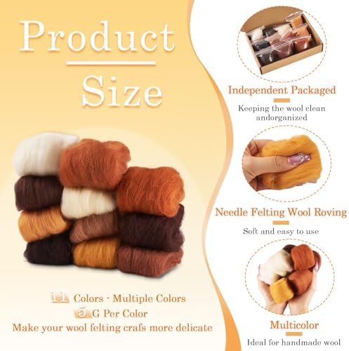 Boutigem 11 Colors 55G Brown Needle Felting Wool Roving, DIY Craft Spinning Fibre Wool Roving for Needle Felting, Chunky Handmade Yarn for Beginners DIY Hand Spinning, Weaving and Blending - Image 3