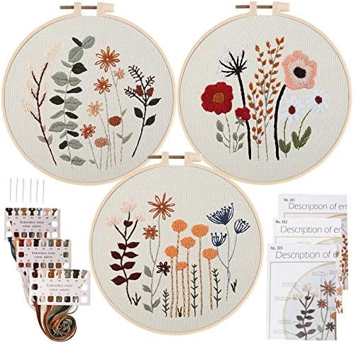 Uphome 3 Pack Embroidery Starter Kit for Beginners Stamped Cross Stitch Kits with Cute Flowers and Plants Patterns with 1 Embroidery Hoop and Color Threads for Adults Kids by Uphome