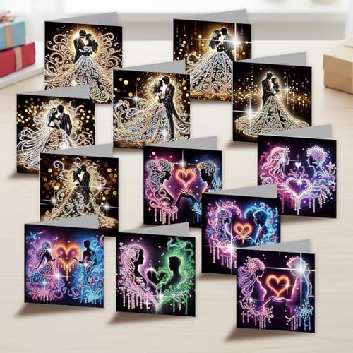 12 Pack Diamond Painting Greeting Cards Kit with Envelopes, 5D DIY Romantic Couple Love Heart Diamond Art Cards, Anniversary Valentines Day Wedding Cards for Adults Him Her Couples - Image 6