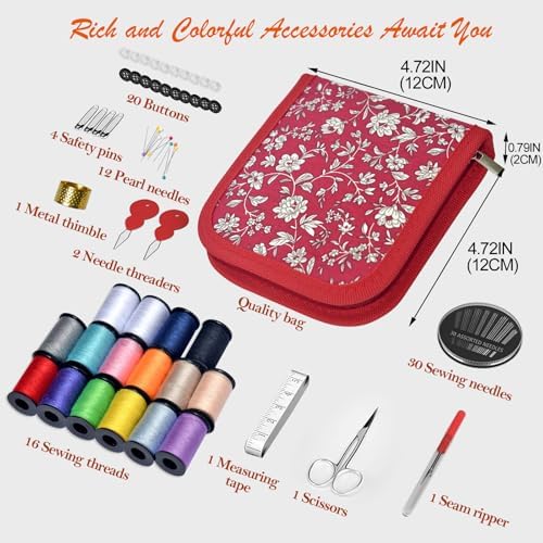 Sewing Kit Gifts for Grandma, Mom, Friend, Traveler, Adults, Beginner, Emergency,Sewing Supplies Accessories with Scissors,Sewing Needles Thimble, Thread,Tape Measure etc(Wildflower red, S) - Image 3