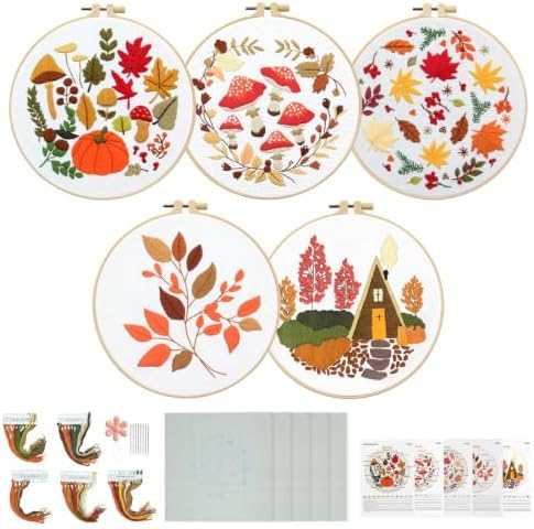 5 Sets Fall Embroidery Kit for Beginners Adults Embroidery Starter Kit Mushroom Maple Leaf Autumn Cross Stitch Kits Embroiderys Needlepoint Kits Include Instruction 2 Hoops Color Threads Needles by Elasign