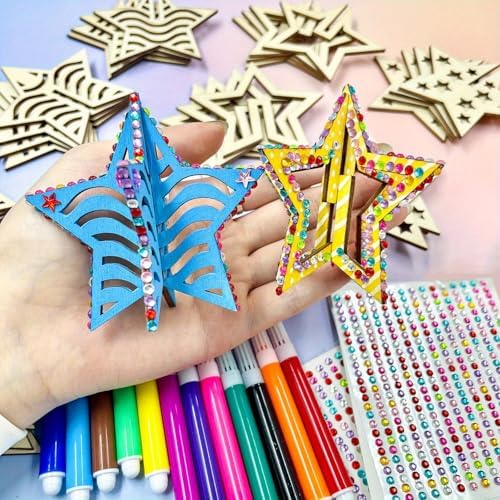 KitsyKraft 32-Piece Wooden 3D Star Crafts Kit – 16 Pair Star-Themed DIY Wooden Blank Ornaments with 2 Diamond Stickers, Unfinished Wood Cutouts for Home Decor or Creative Projects - Image 4