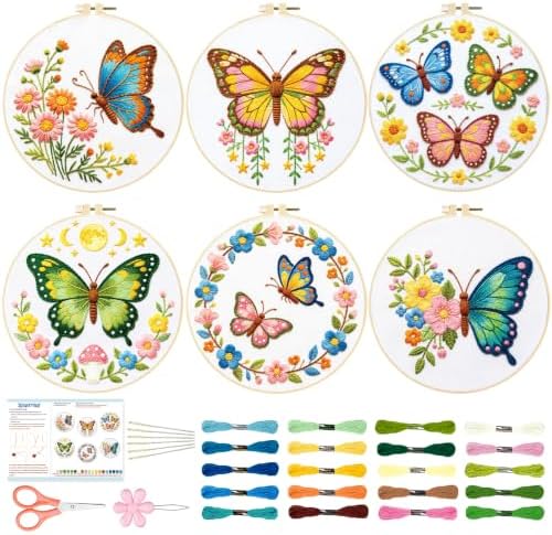 BEUNITONE 6 Set Embroidery Kit for Beginner Adults, Colorful Butterfly Floral DIY Cross Stitch Set with Stamped Pattern Hoops Threads Cloth Needles, Embroidery Starter Kit for Home Decor and Gifting by BEUNITONE