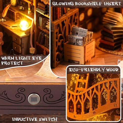 DIY Book Nook Kit: 3D Wooden Puzzle Shelf Insert with LED Light - Miniature Dollhouse Bookend Decor for Adults and Teens - Creative Gift - Image 3