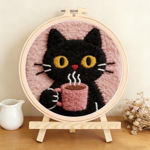 FREEBLOSS DIY Coffee Cat Punch Needle Kit for Beginners Embroidery Punch Needle Starter Craft Set with Instructions Frame Embroidery Kit for Adults Gift Decoration, 7.9"/20cm - Image 4